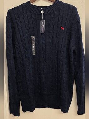 Simply Southern Navy Cable-Knit Crewneck with Red Logo L